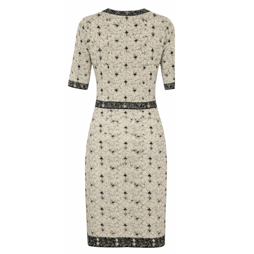 Carolina Herrera Ivory & Black Jacquard Sheath Dress Elbow Sleeve - Picture 2 of 7